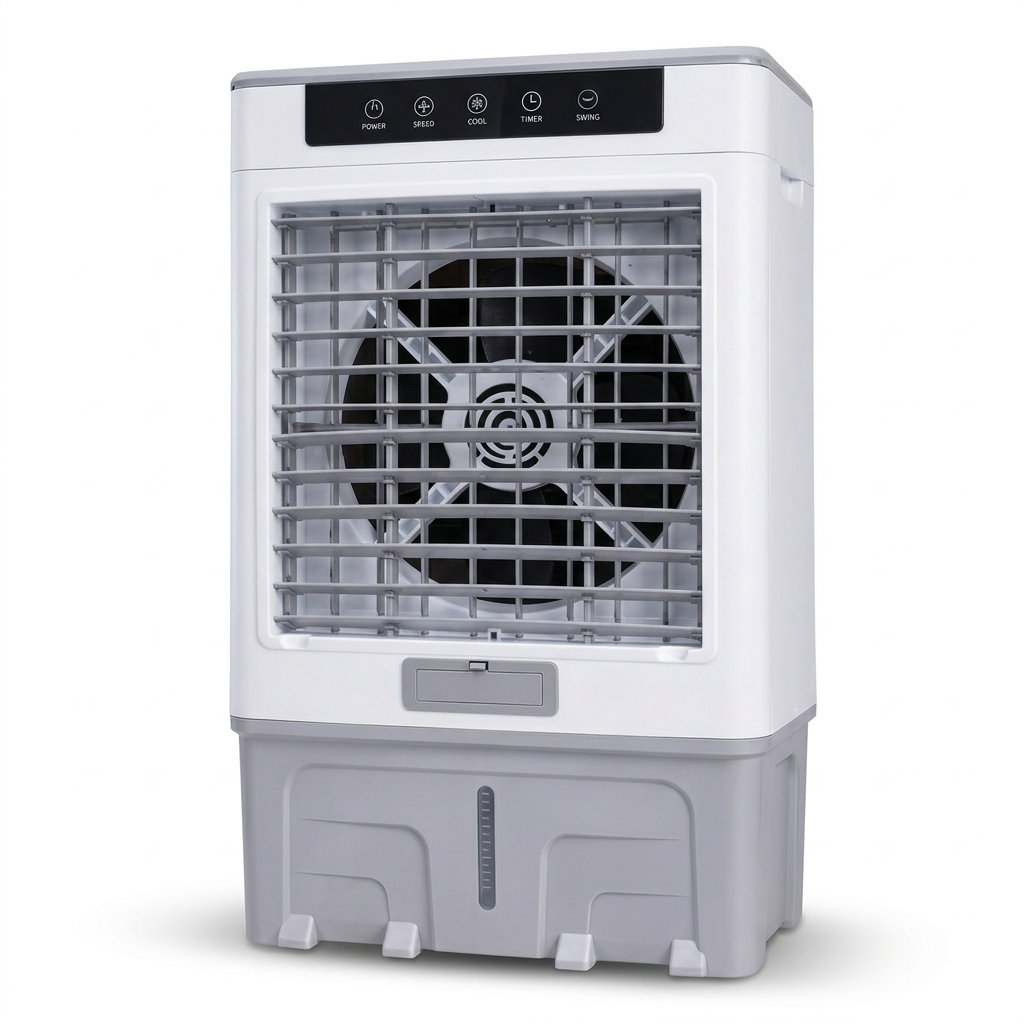AI-edited 35L air cooler with airflow louvers open and fixed safety guards intact