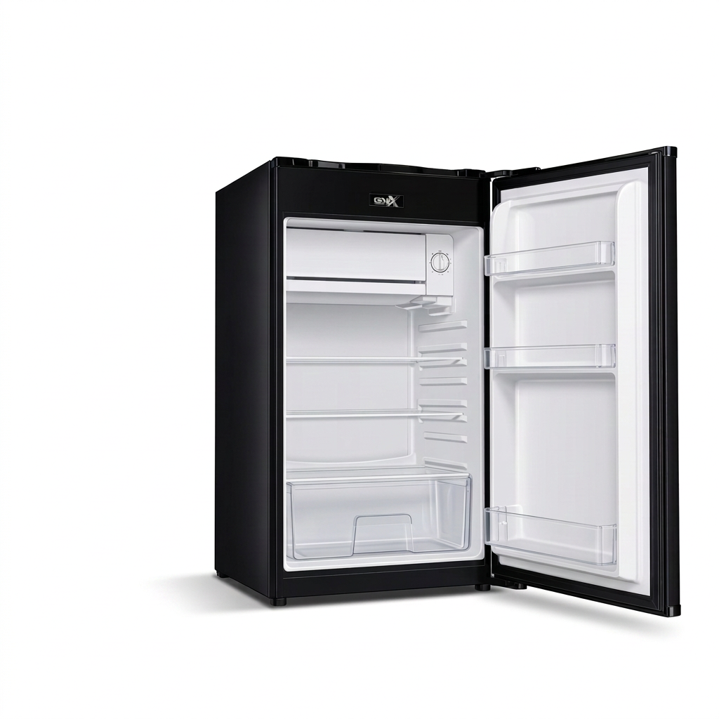 AI-edited open-door GNIX fridge illustration showing ice box, shelves, crisper and door racks; exact fittings unconfirmed.