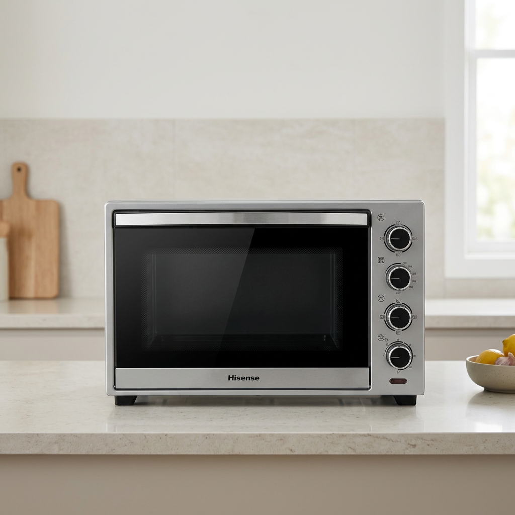 AI-edited Hisense 38L oven on spacious kitchen counter; props and furnishings not included.