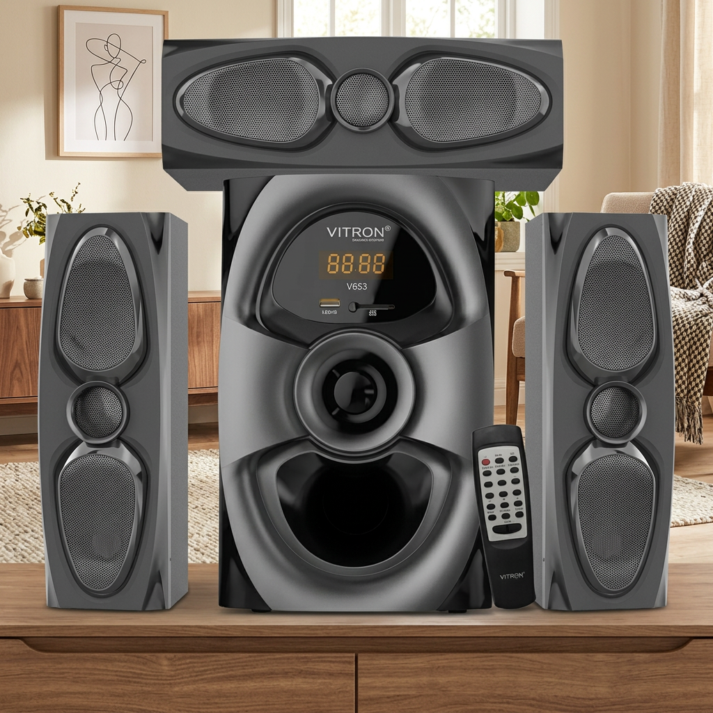 AI-edited V653 speaker set room illustration; furniture not included, scale illustrative.
