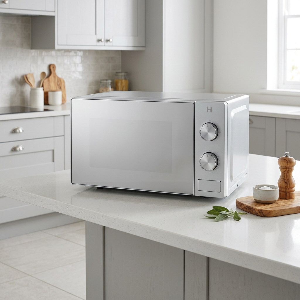 AI-generated lifestyle illustration based on Hisense microwave pictured on box; furnishings not included.