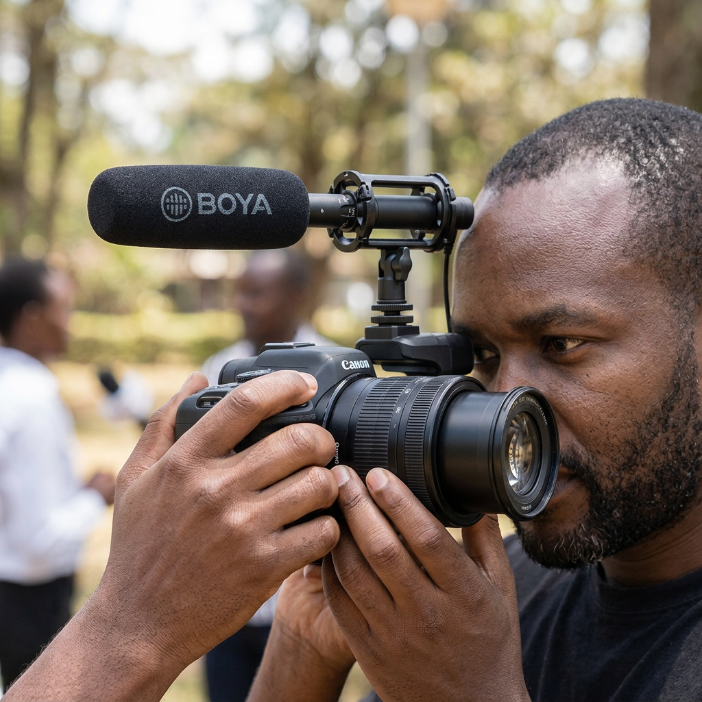 AI-generated illustration of a videographer recording outdoors with a BOYA BM6060 shotgun microphone on a camera