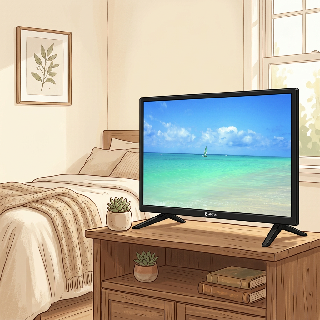 AI-edited compact Amtec TV bedroom illustration; furniture not included, screen and scale illustrative.