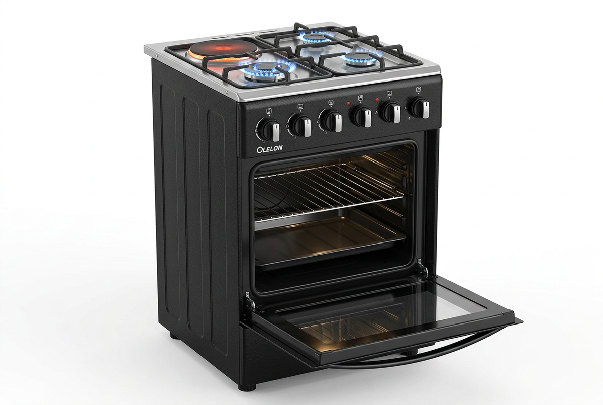 OLELON 50x55 3+1 Standing Gas Cooker - Oven Open & Burners Lit