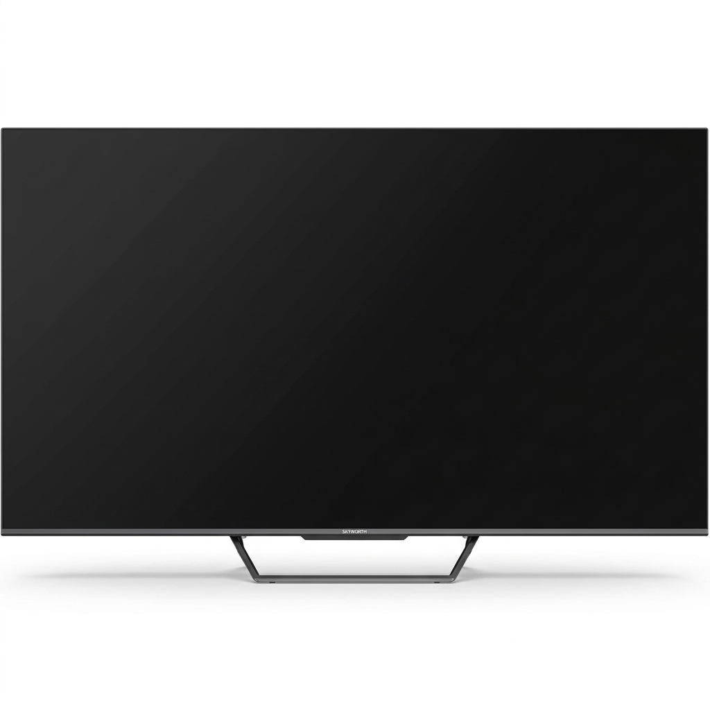 AI-edited Skyworth 75-inch TV on white with screen off and central loop-style stand.
