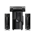 AI-edited Vitron V646 four-piece speaker system on white with display and lights off.