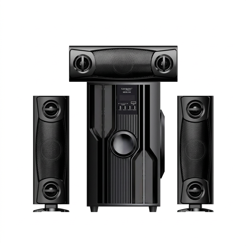 AI-edited Vitron V646 four-piece speaker system on white with display and lights off.