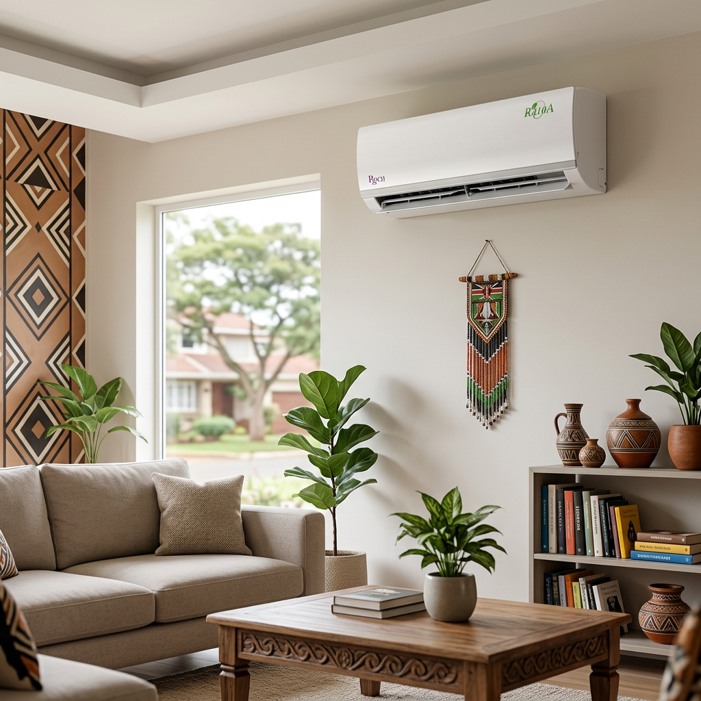 AI-generated reference-based ROCH indoor air conditioner in an illustrative living room