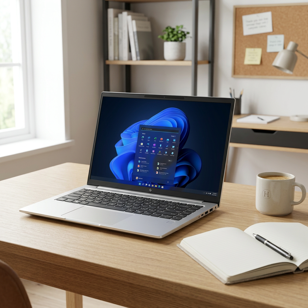 Silver HP laptop open on a home-office desk beside a notebook and coffee cup.