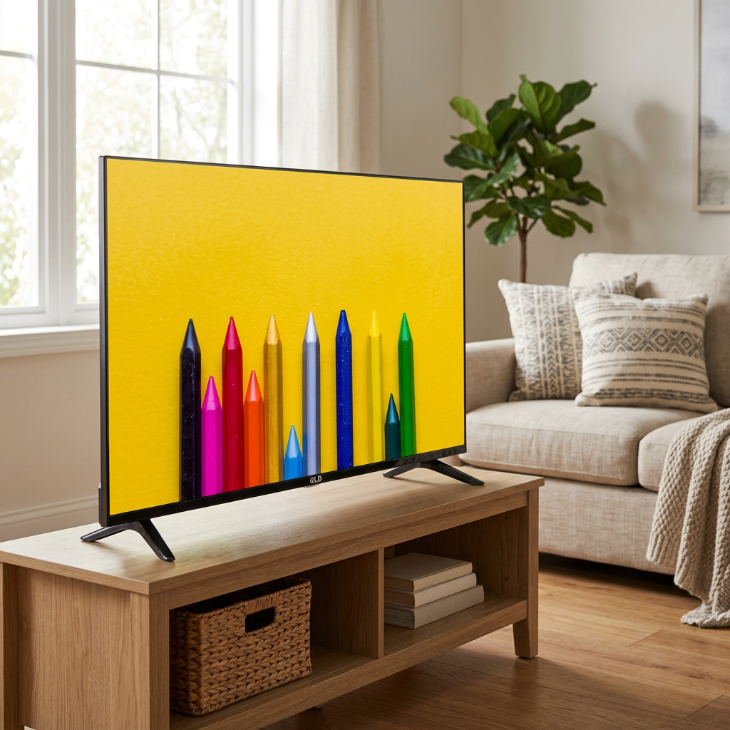 AI-edited GLD 32-inch TV in living room; screen content illustrative and furnishings not included.