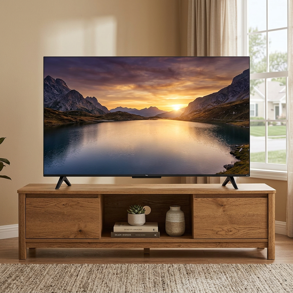 AI-edited TV living-room illustration based on seller exterior reference; furniture not included.