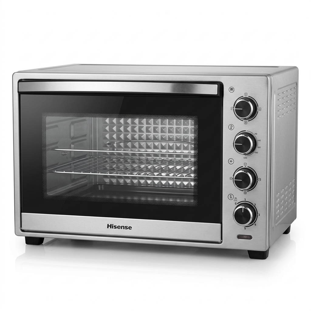 AI-edited silver Hisense 48L countertop oven on white with door closed.