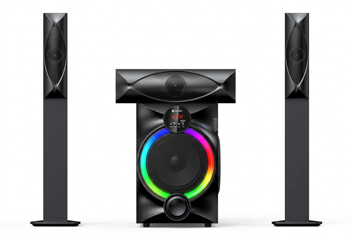 Amtec AM-833 3.1CH Tallboy Home Theater System - Full System Front View with Rainbow RGB LED