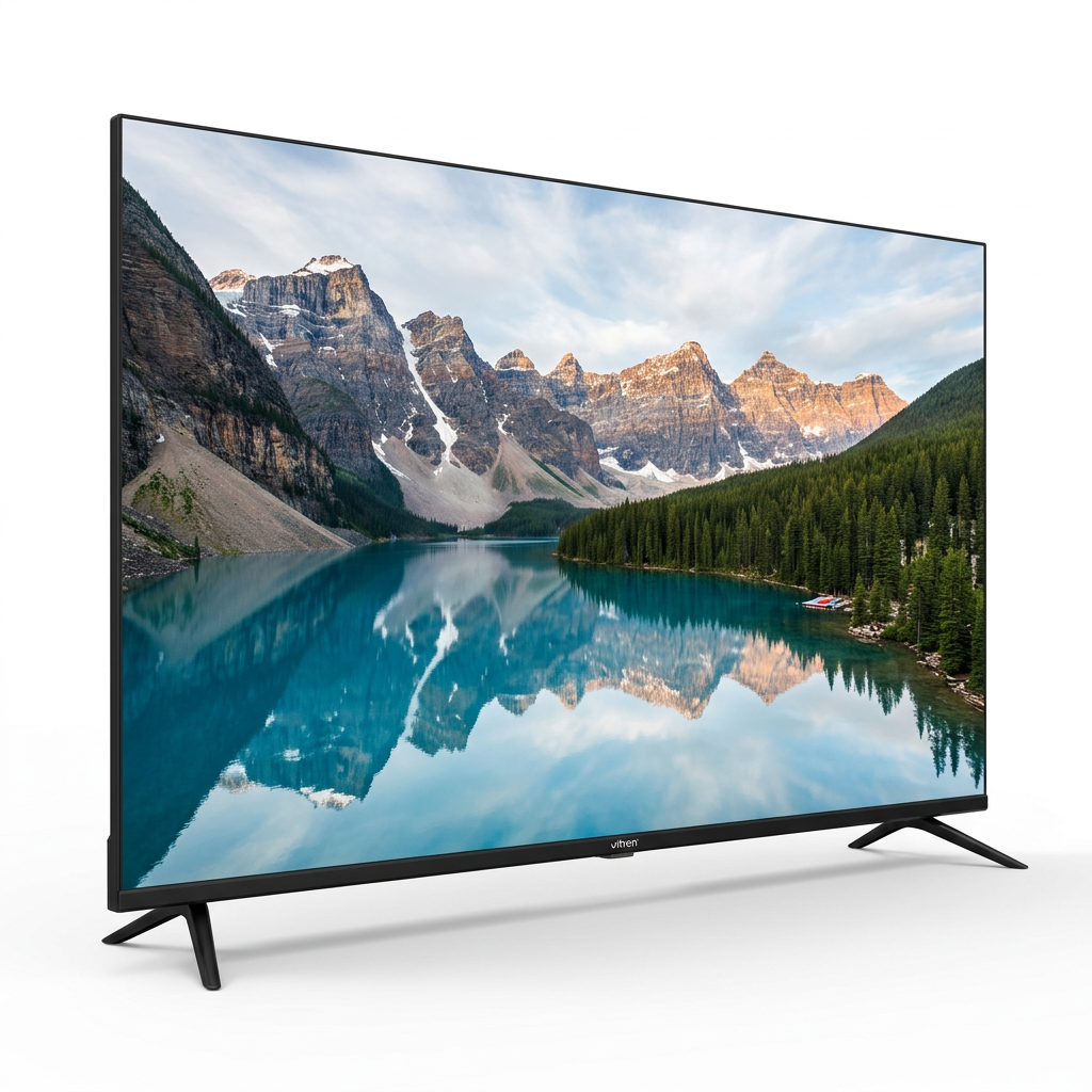 AI-edited angled Vitron television with black feet on white; screen and depth illustrative.