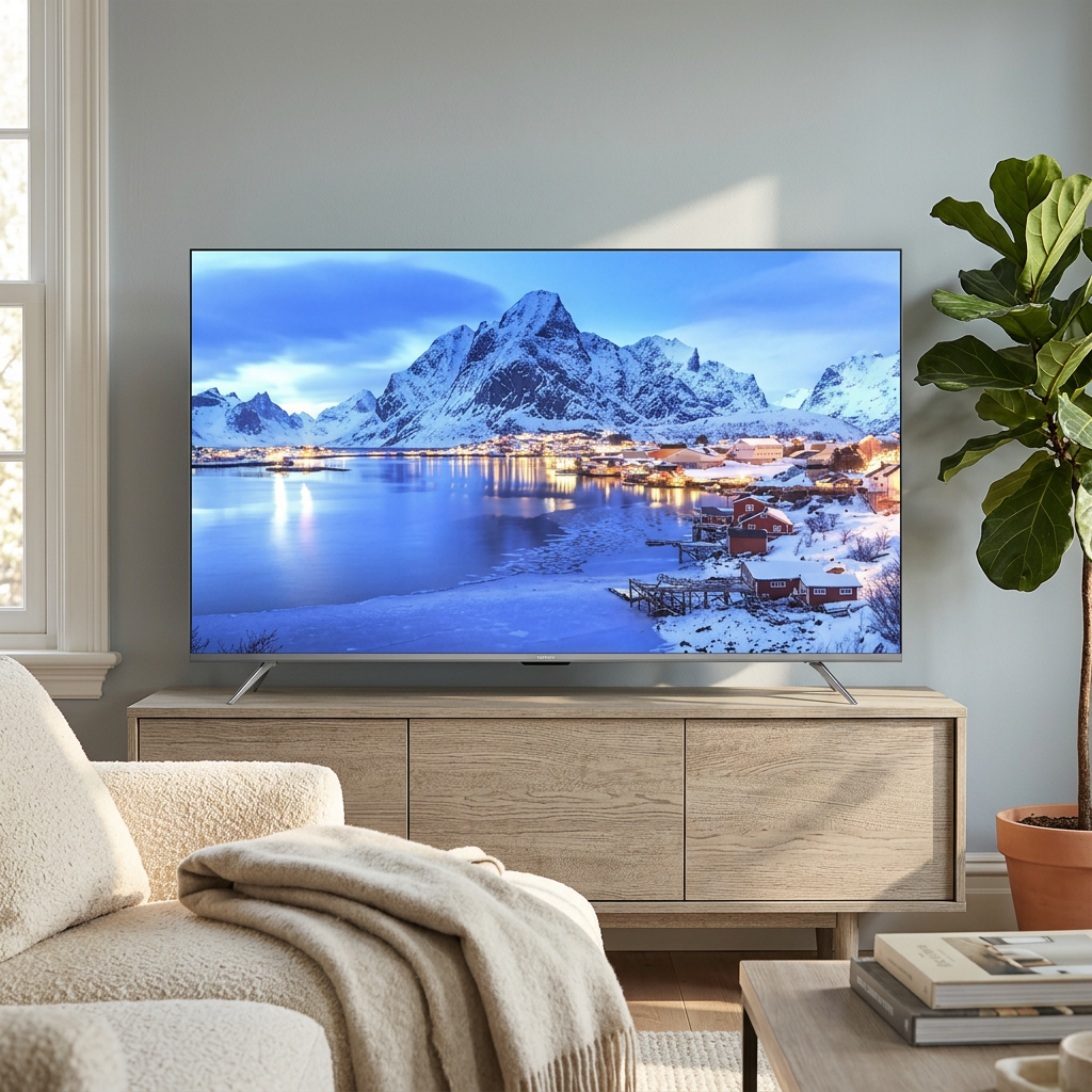 AI-edited Vitron 50-inch TV in living room; furnishings not included.