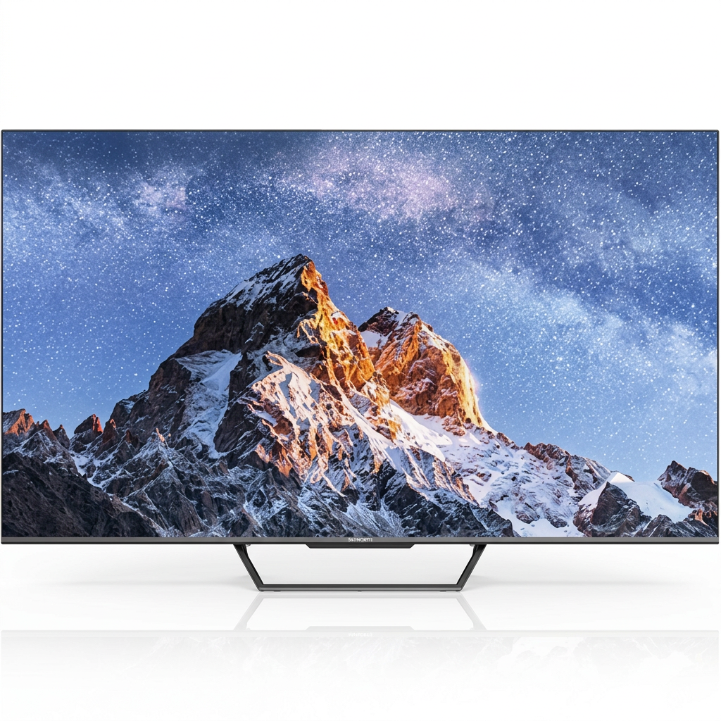 AI-edited Skyworth 65-inch TV with illustrative mountain scenery on its screen.