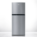 AI-edited GNIX FR-227-NF silver double-door top-freezer refrigerator closed on white.