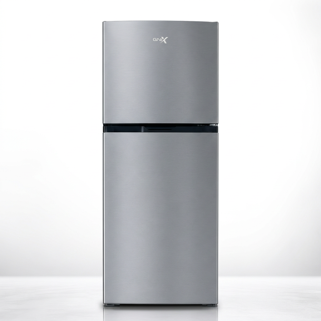 AI-edited GNIX FR-227-NF silver double-door top-freezer refrigerator closed on white.
