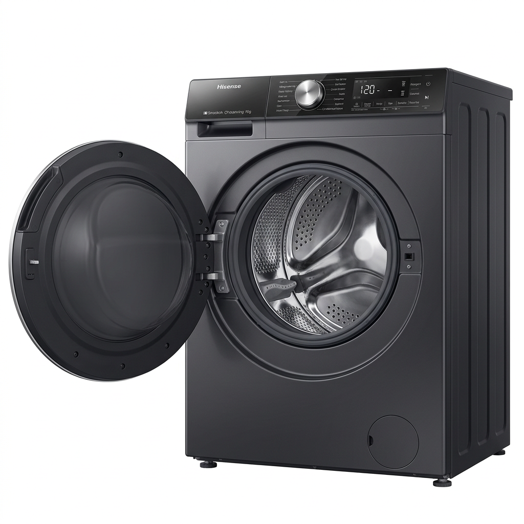 AI-edited charcoal Hisense appliance with door open; drum gasket and hinge details illustrative.