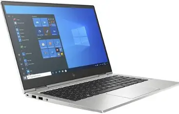 Silver HP laptop open at an angle showing keyboard and screen on a white background.