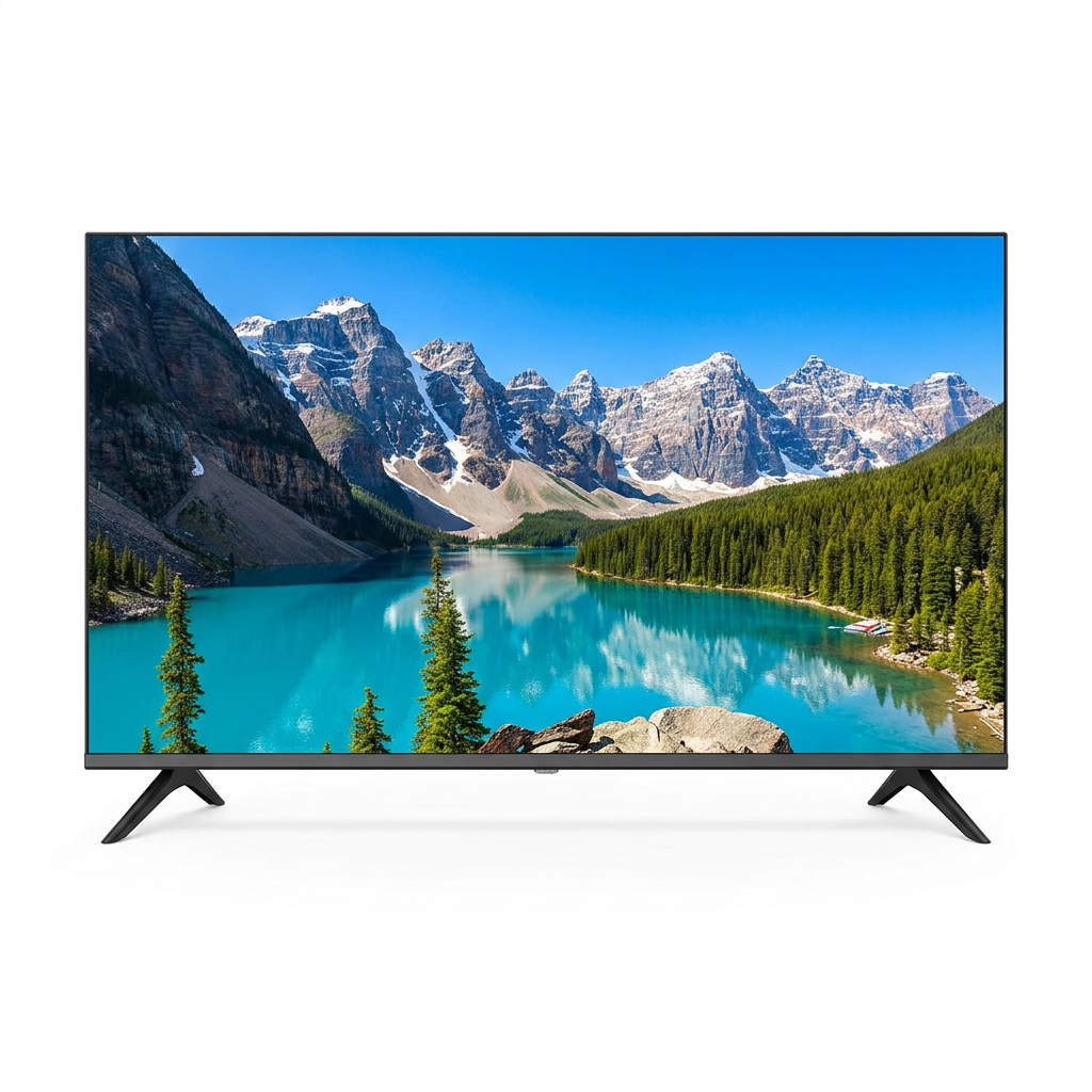 AI-edited Vitron 32-inch TV displaying illustrative landscape on white.