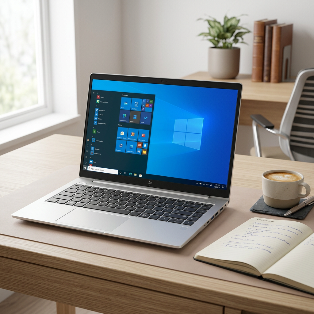 Silver HP laptop open on a home-office desk beside a notebook and coffee cup.