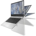 Silver HP convertible laptop pictured in several hinge positions on a white background.
