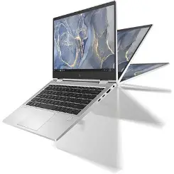 Silver HP convertible laptop pictured in several hinge positions on a white background.
