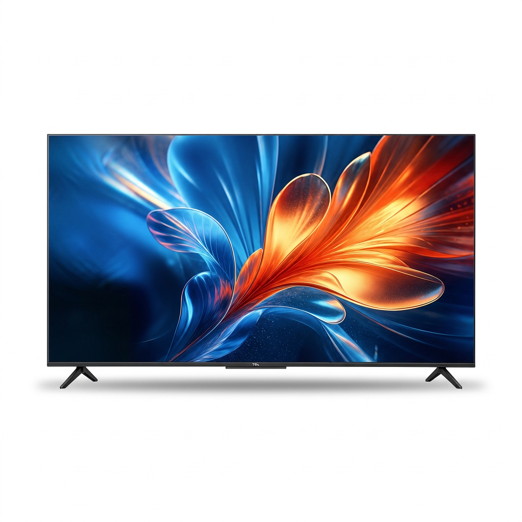 AI-edited TCL 75V6C TV-only front view with two feet on white; screen artwork illustrative.