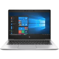 Silver HP laptop viewed from the front with the lid open, showing the screen, keyboard and touchpad on white.