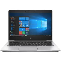 Silver HP laptop viewed from the front with the lid open, showing the screen, keyboard and touchpad on white.