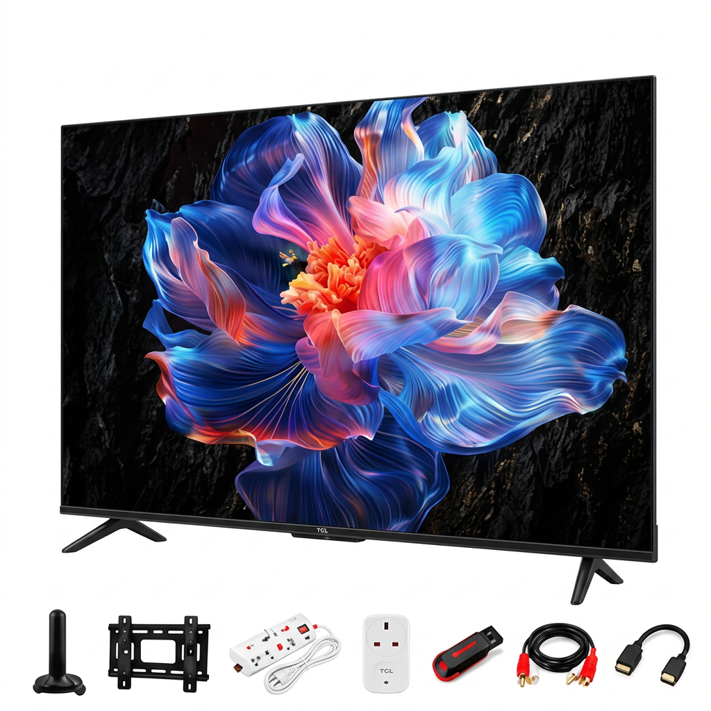 AI-edited angled TCL TV with antenna, bracket, extension, TV guard, flash disk, audio cable and OTG cable; appearance illustrative.