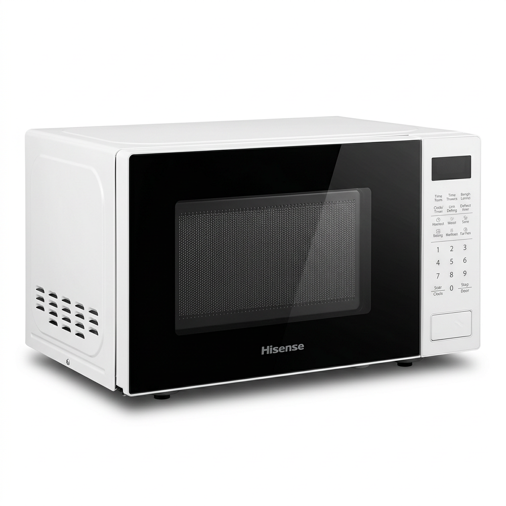 AI-edited Hisense 20L white digital microwave with closed black glass door and keypad, based on product and packaging photo.