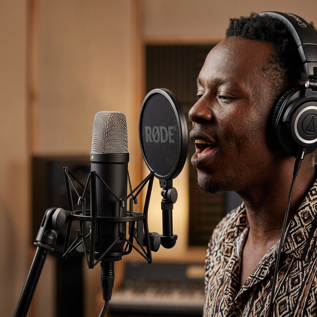 AI-generated illustration of a vocalist using a black RØDE NT1 Signature microphone in a studio
