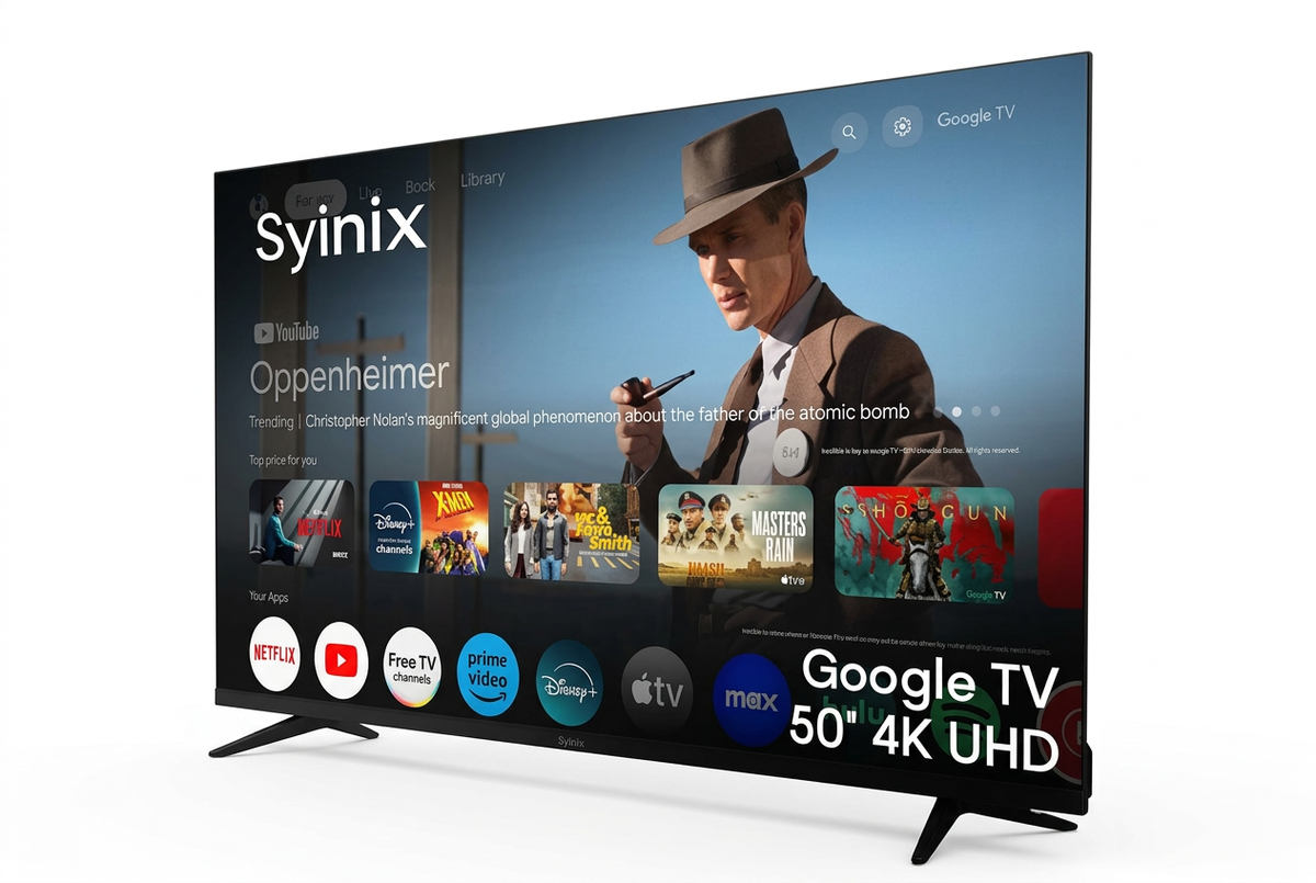 Syinix 50 Inch Google TV 4K UHD - Angle View with Google TV Interface