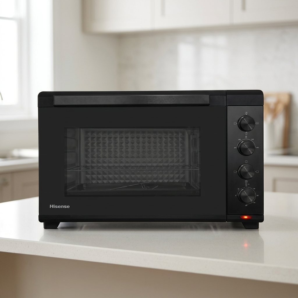 AI-edited black Hisense 60L oven on spacious kitchen counter; furnishings not included.