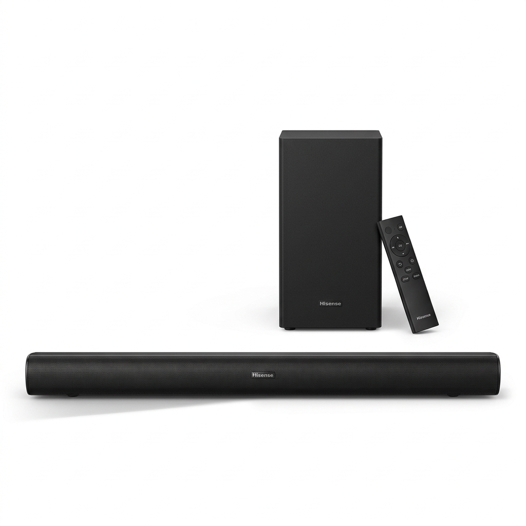 AI-edited Hisense soundbar, subwoofer and remote on white based on saved reference.