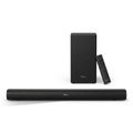 AI-edited Hisense soundbar, subwoofer and remote on white based on saved reference.