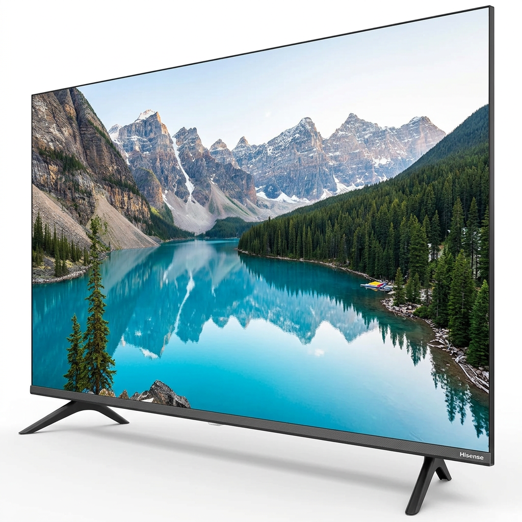 AI-edited angled Hisense TV on white based on main reference; screen illustrative.