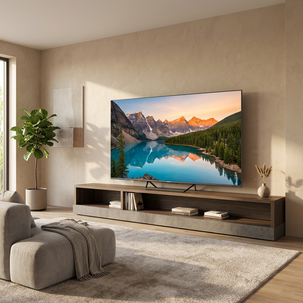 AI-edited Skyworth 75-inch TV in spacious living room; screen scenery illustrative and furnishings not included.