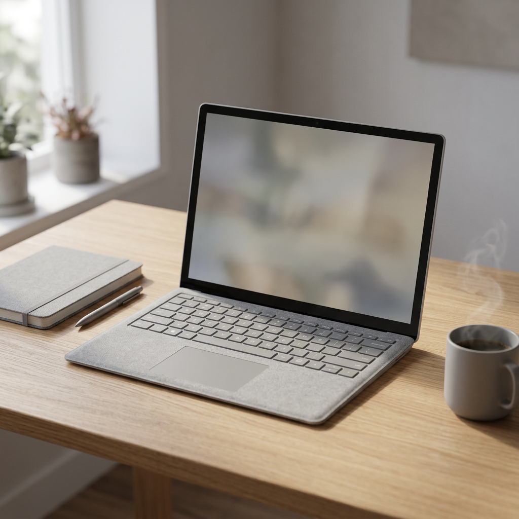 Grey Microsoft Surface Laptop open on a desk beside a notebook and coffee cup.