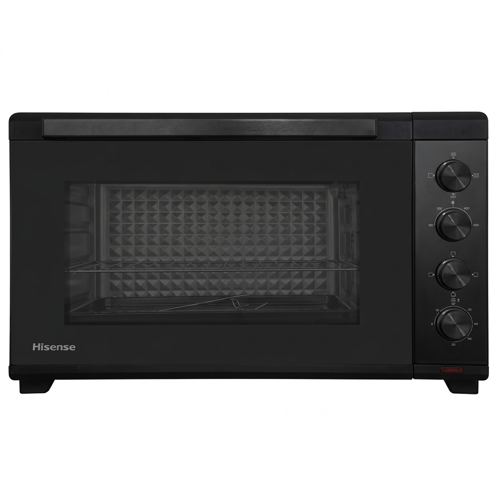 AI-edited black Hisense 60L countertop oven with door closed on white.