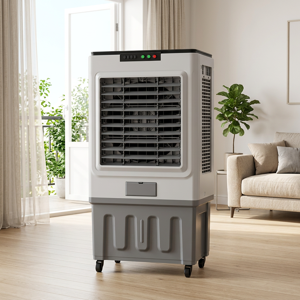 AI-generated first-reference 60L air cooler in an illustrative ventilated living space