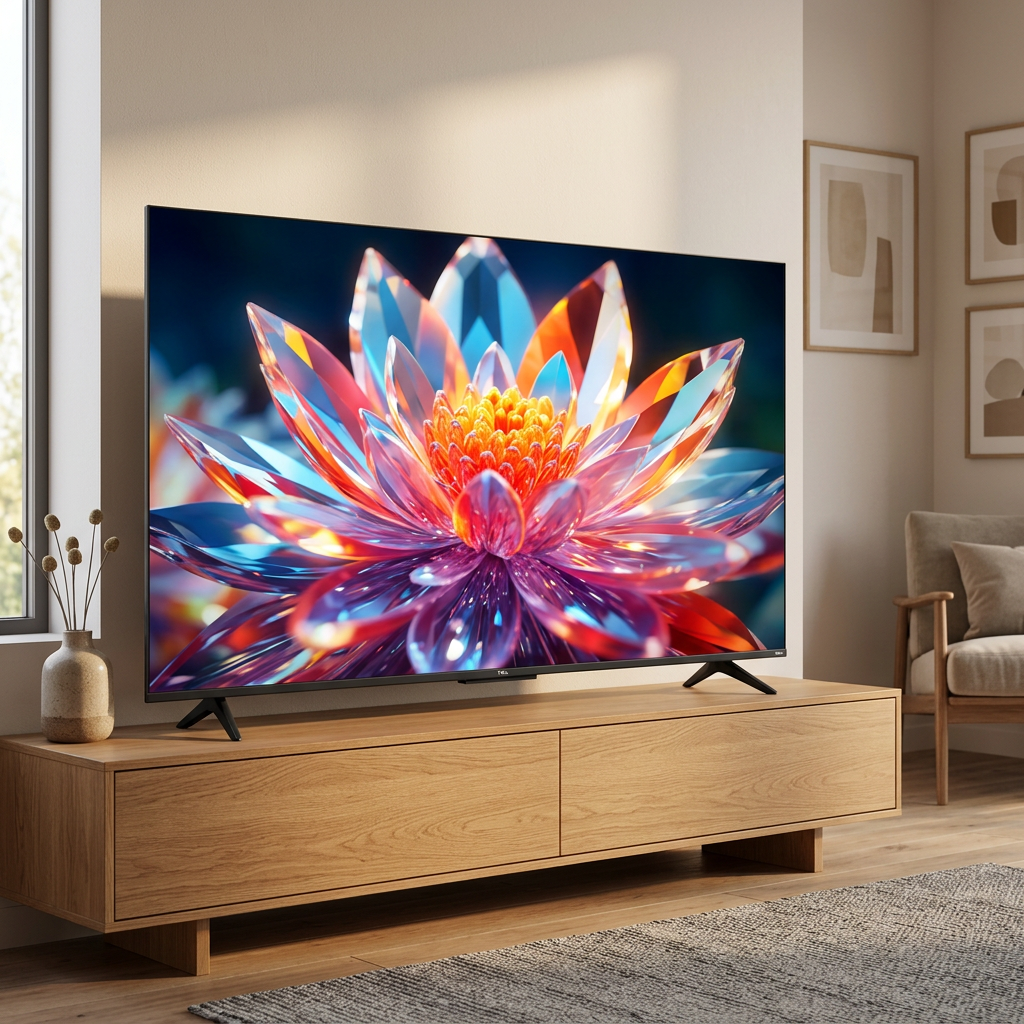 AI-edited TCL TV living-room illustration; screen illustrative, furniture and decor not included.