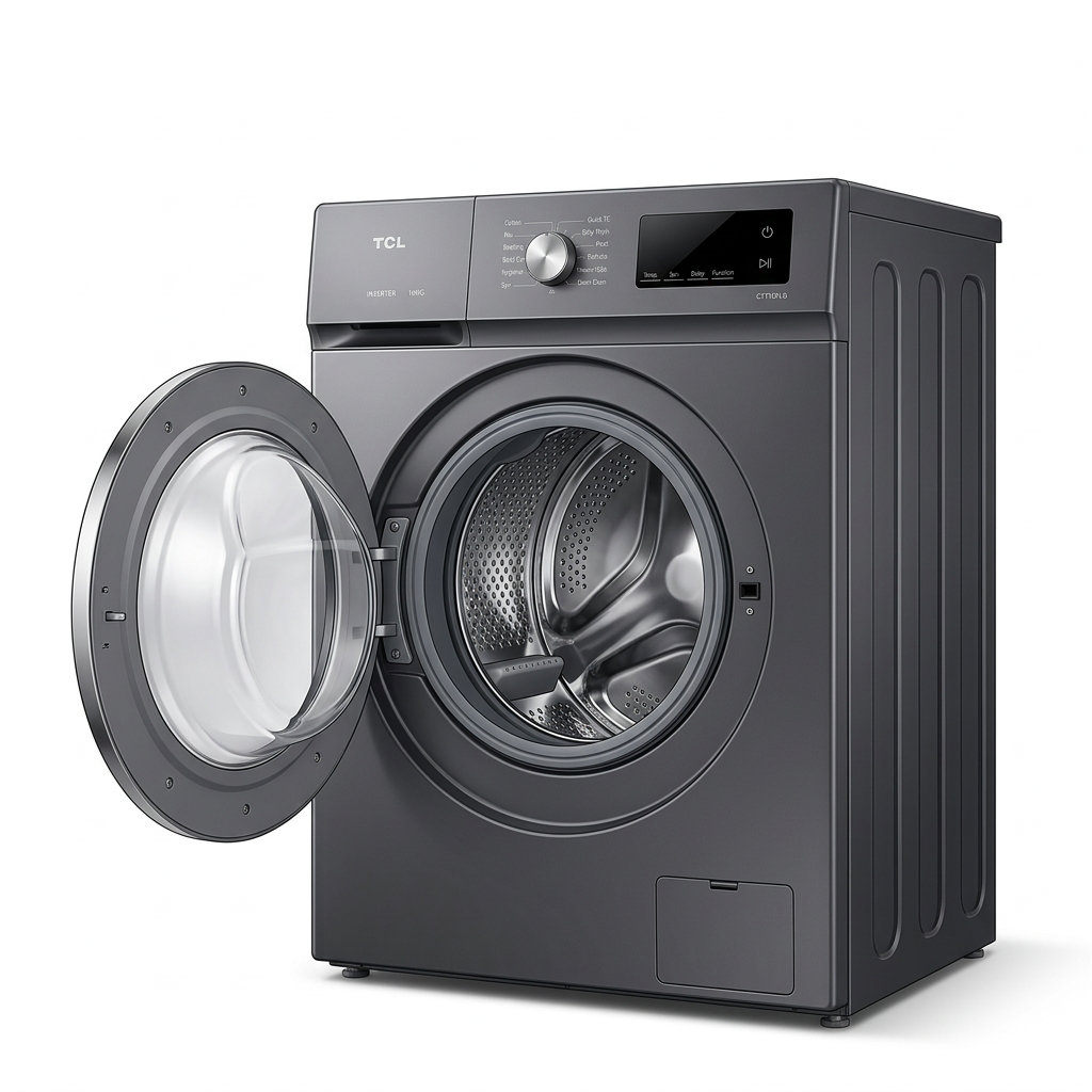 AI-edited TCL washer door-open view; drum, gasket and hinge arrangement illustrative.