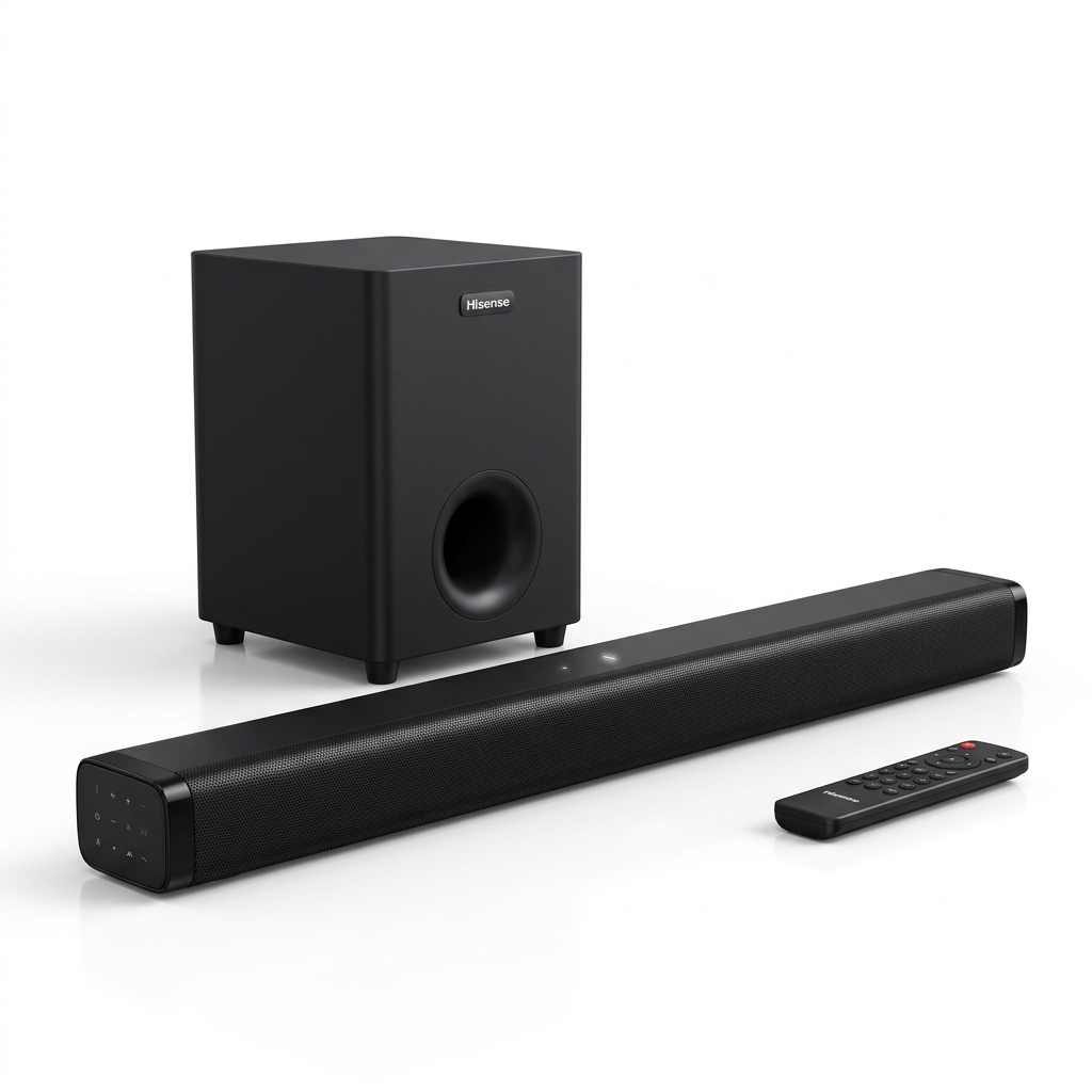 AI-edited powered-on soundbar set with intact enclosures; indicator appearance illustrative.