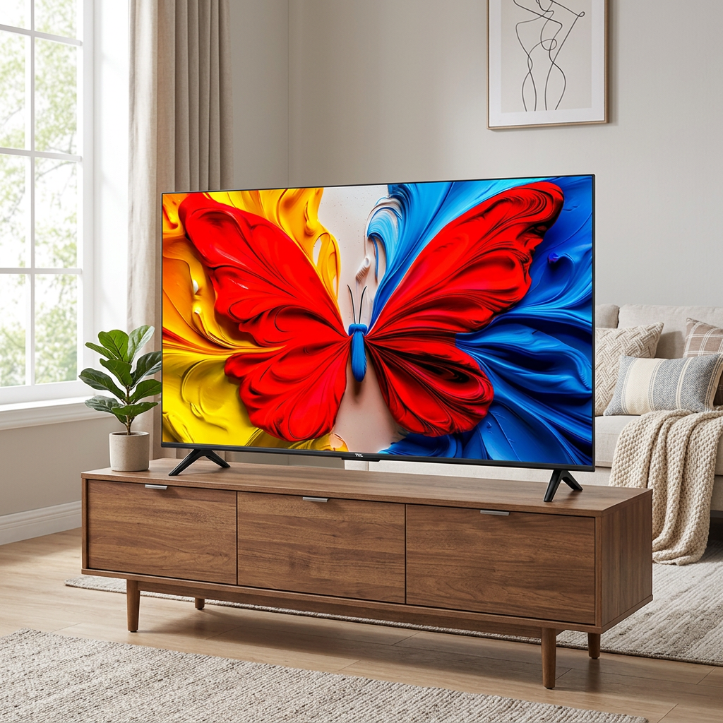 AI-edited TCL TV on living-room console based on seller reference; screen illustrative and furnishings not included.
