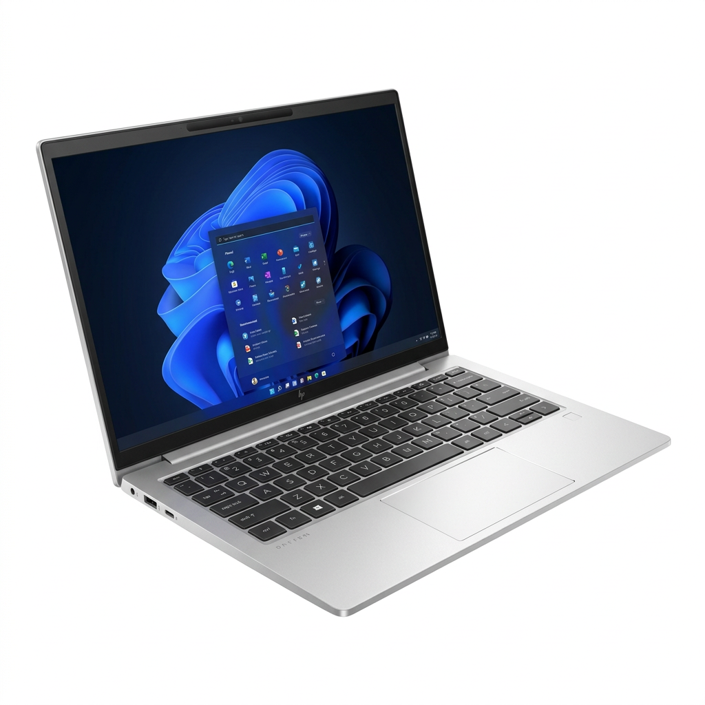 Silver HP laptop open at a three-quarter angle showing keyboard and screen on white.