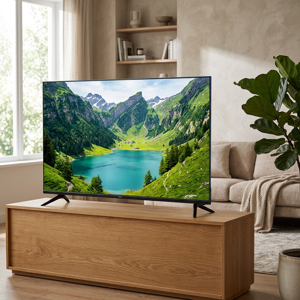 AI-edited Vision Plus 50-inch TV in living room; screen content illustrative and furnishings not included.