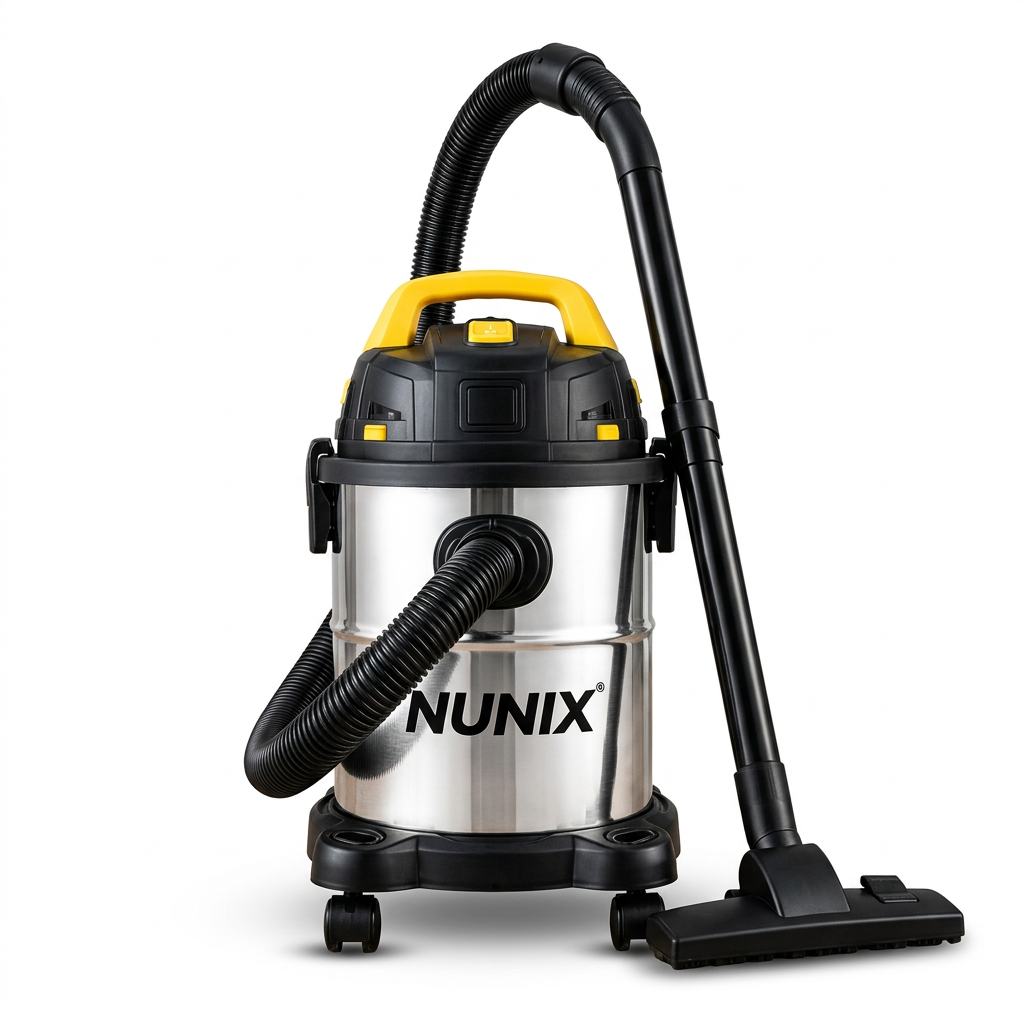 AI-edited Nunix stainless-steel wet and dry vacuum with yellow handle, normal assembled view